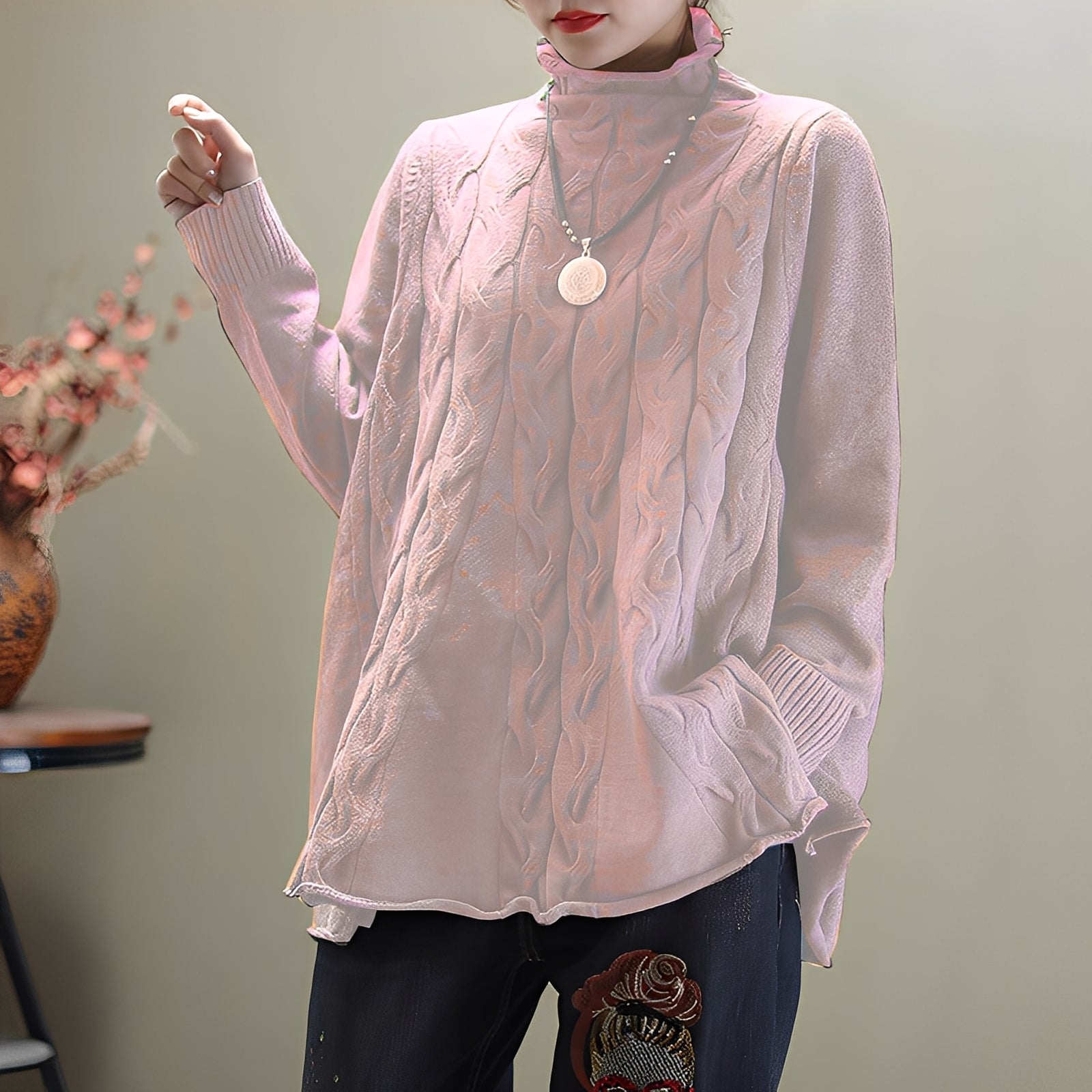 Merla - Casual Turtleneck Sweater with Side Slit for Women