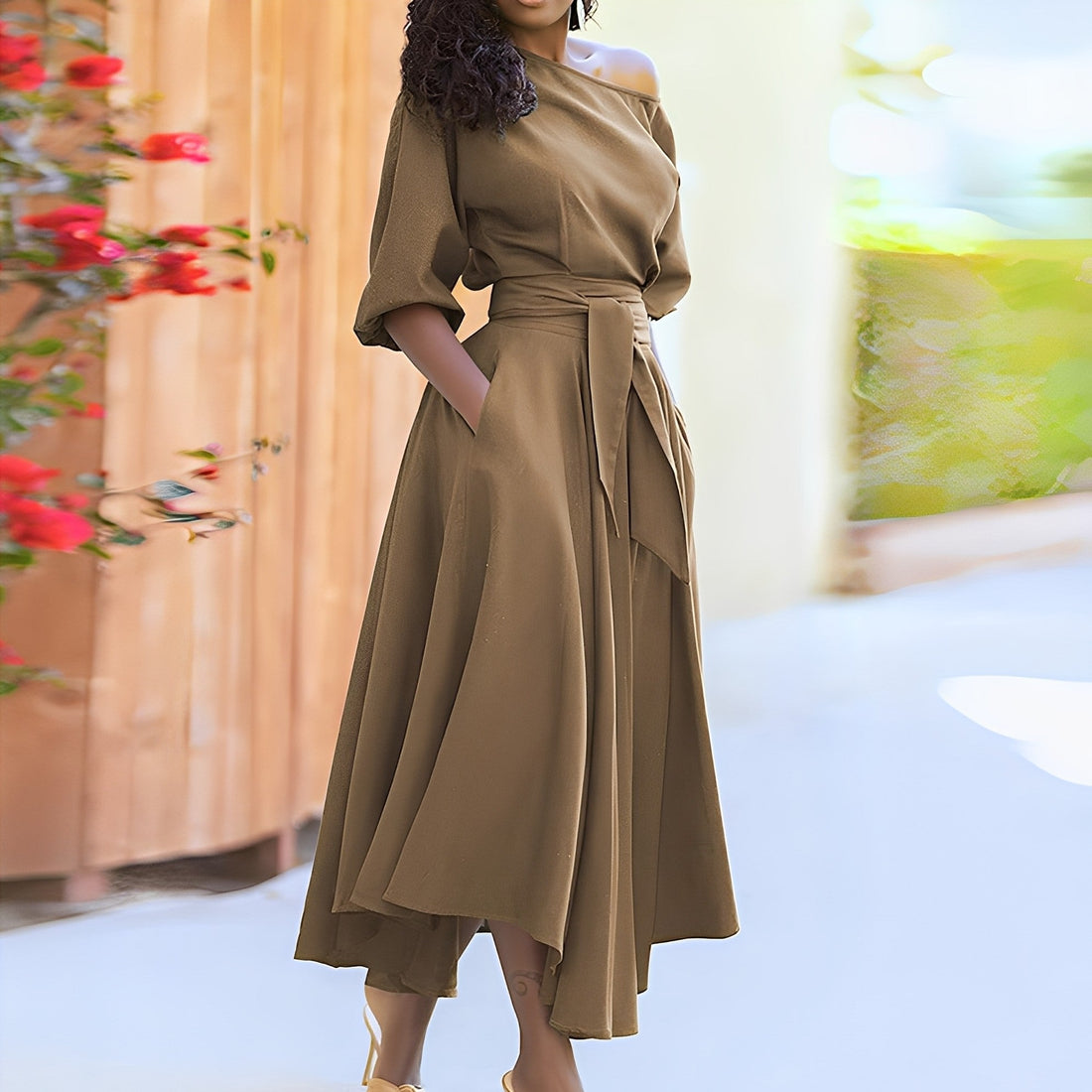 Dahlia - Elegant off-shoulder dress with belt for women