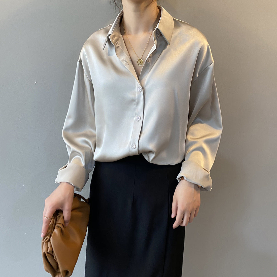 Briana - Elegant Satin Silk Blouse with Button Placket for Women