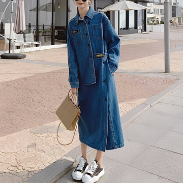 Christabel - Long Retro Denim Dress with Pockets for Women