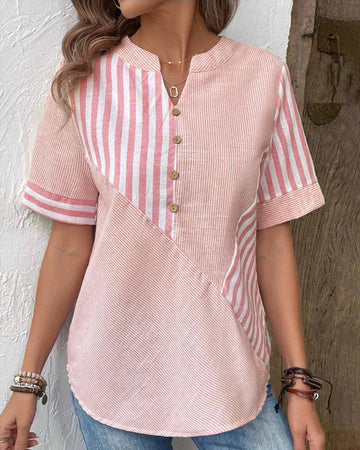 Beanni - Women's Cotton Blouse, V-Split Round Neck, Short Sleeve
