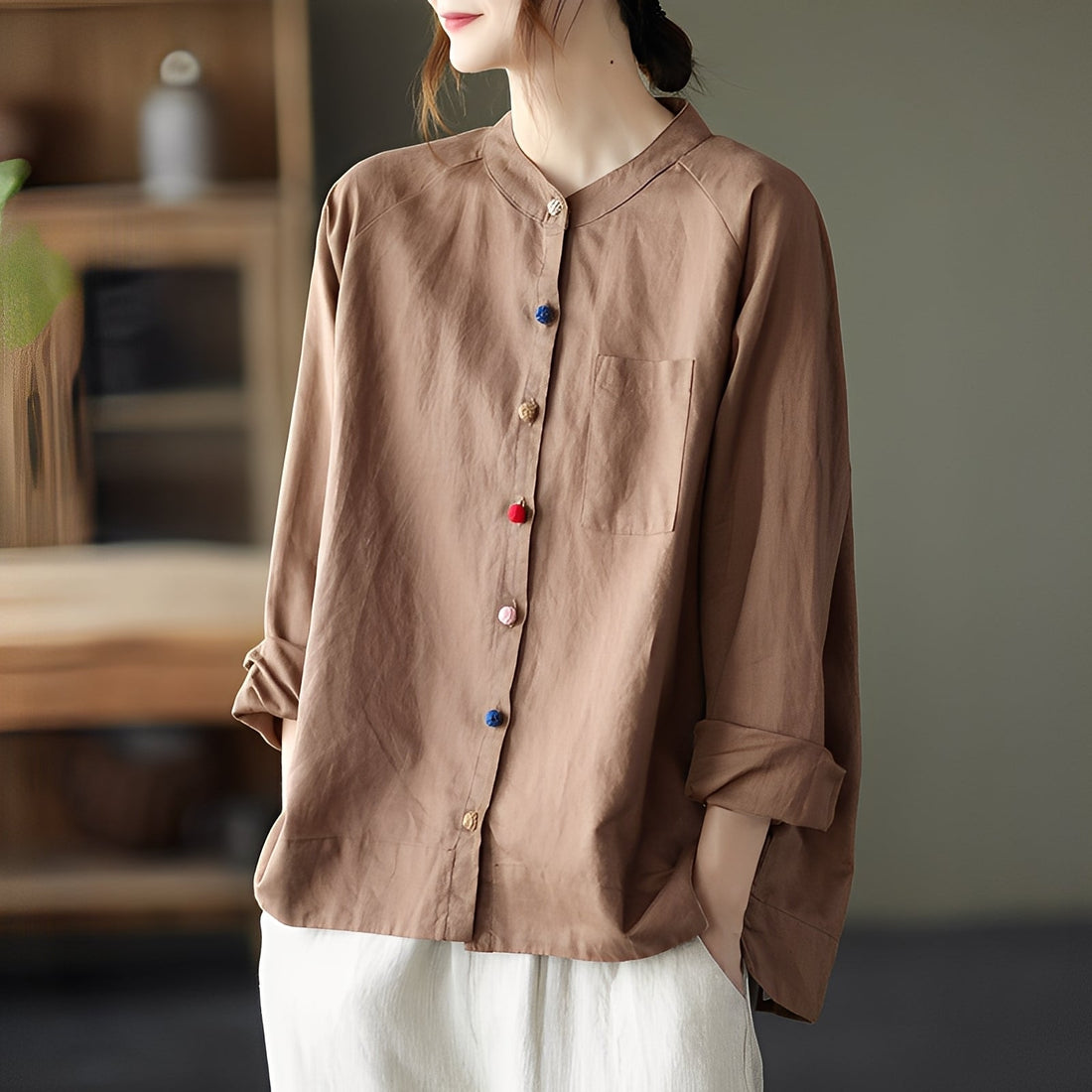 Helen - Loose-fitting long-sleeve blouse with pockets for women