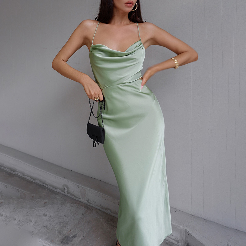 Skylar - Sage Green Satin Maxi Dress Elegant Cowl Neck