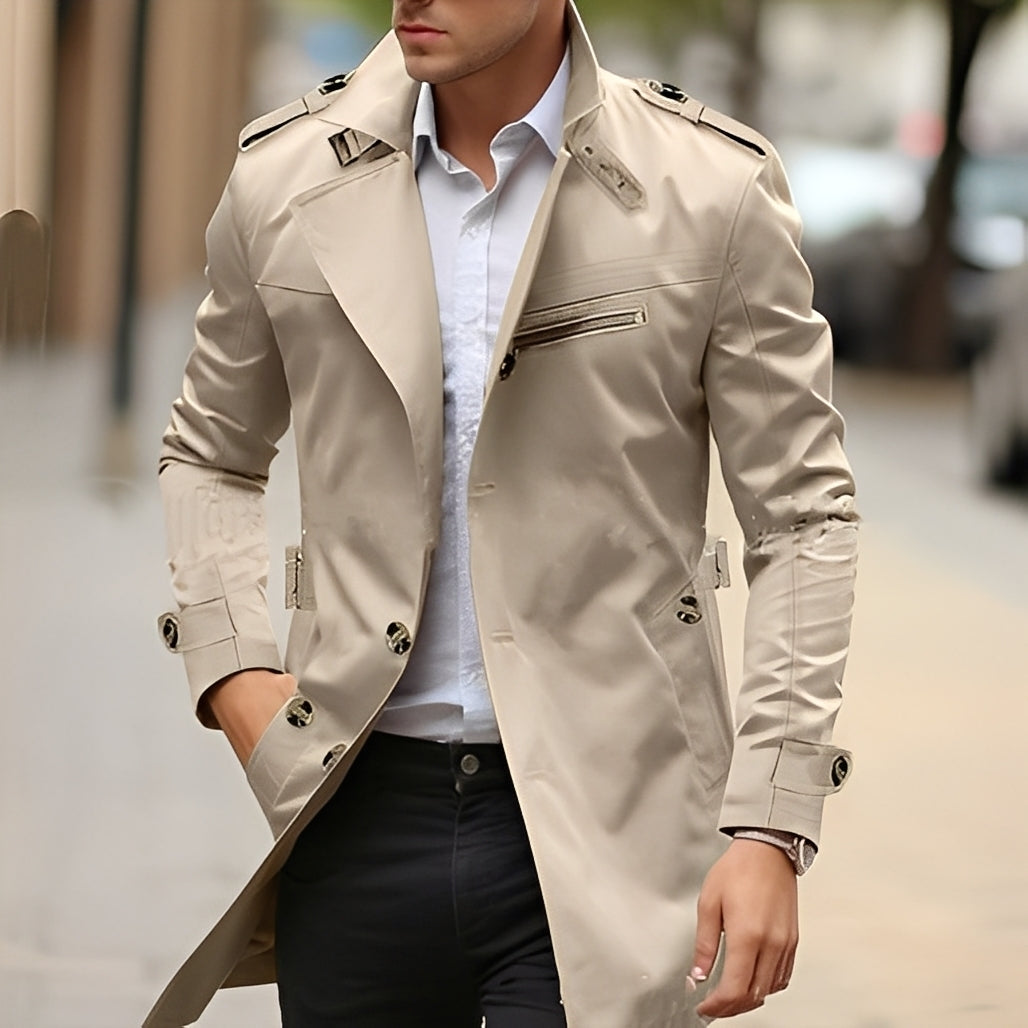 Derrick - Elegant Trench Coat with Reverse Collar for Men