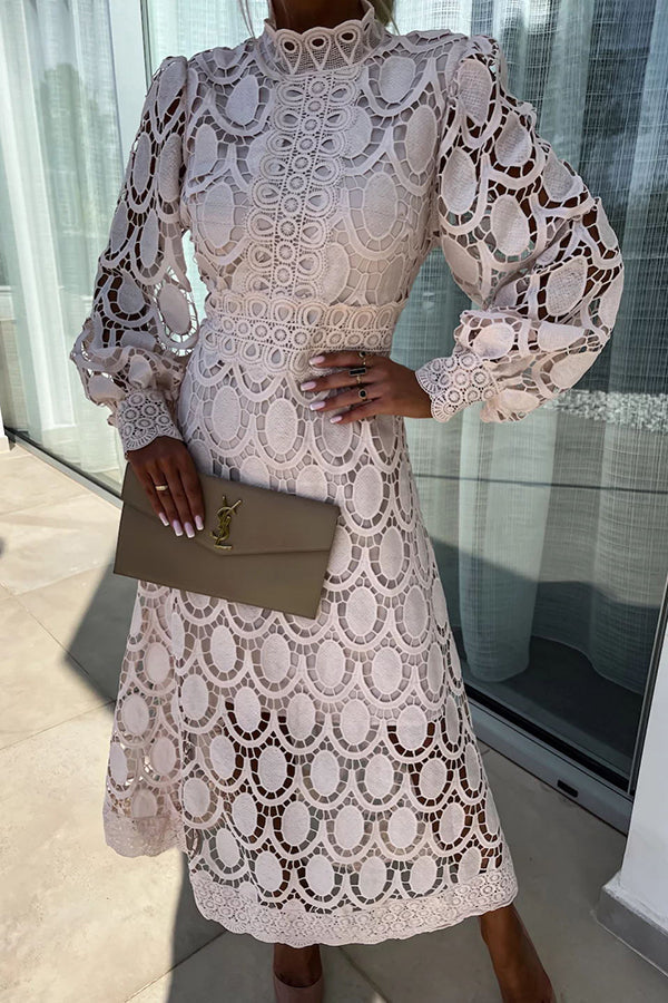Melody - Elegant Lace Midi Dress High Collar & Puff Sleeves