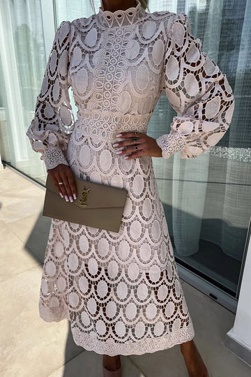 Melody - Elegant Lace Midi Dress High Collar & Puff Sleeves
