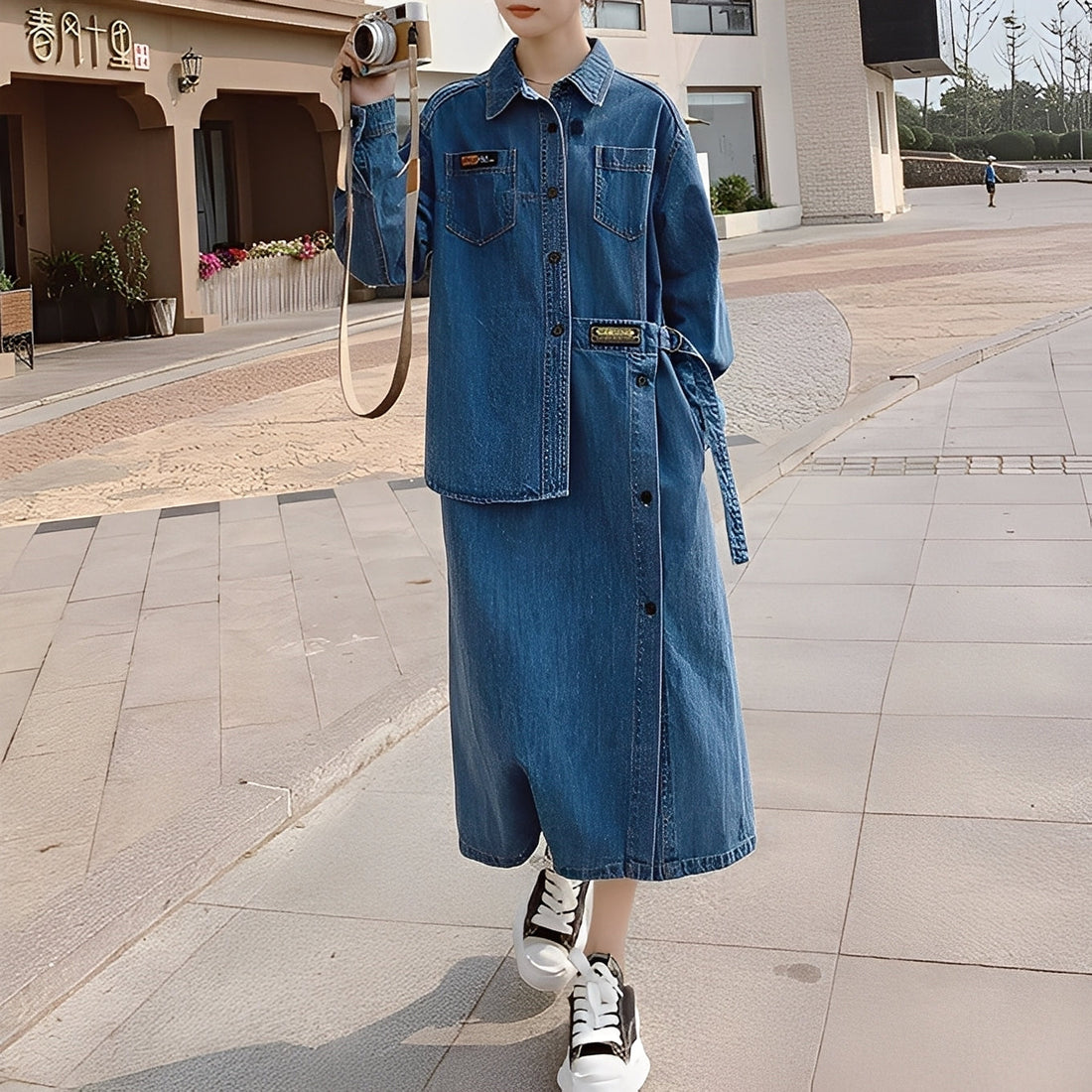 Christabel - Long Retro Denim Dress with Pockets for Women