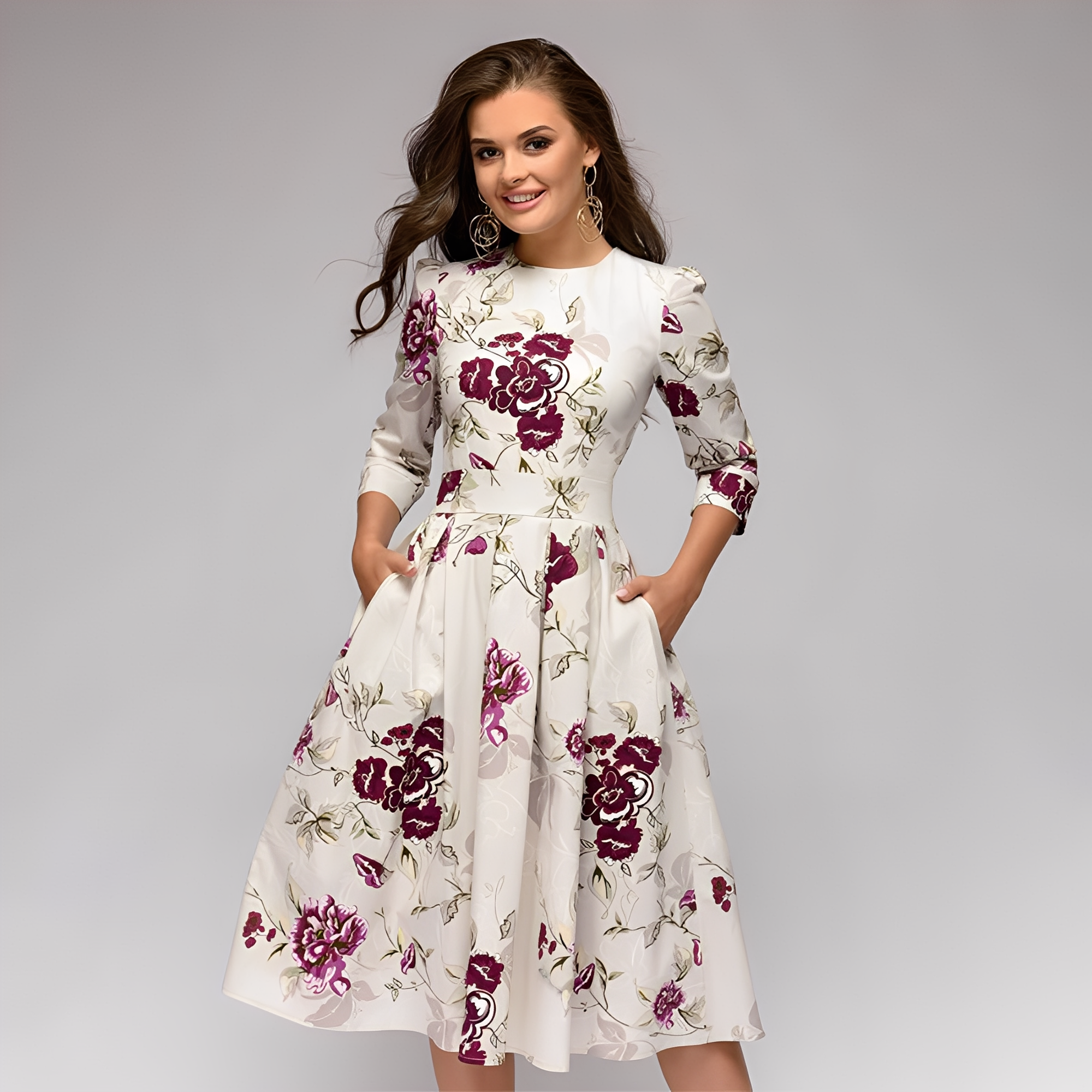 Elisabeth - Stylish, long-sleeved dress with floral pattern for women