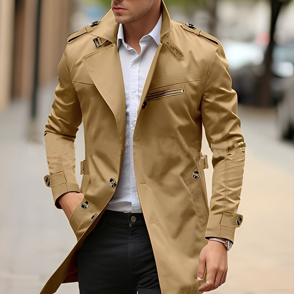 Derrick - Elegant Trench Coat with Reverse Collar for Men