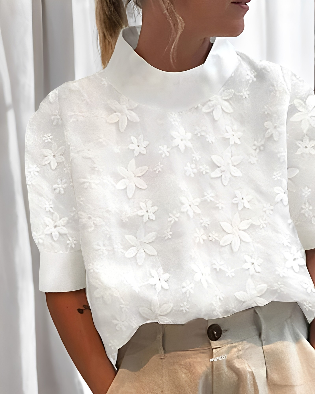 Julia - Stylish embroidered blouse with stand-up collar for women