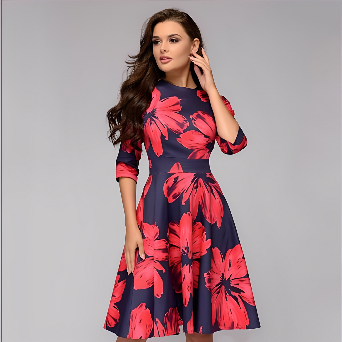 Elisabeth - Stylish, long-sleeved dress with floral pattern for women