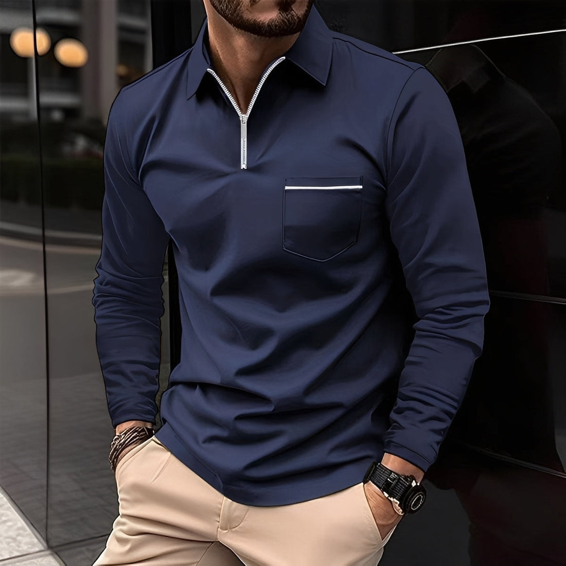 Bernard - Casual Long-Sleeve Polo Shirt with Pocket for Men