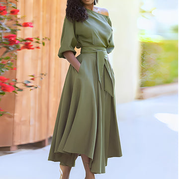Dahlia - Elegant off-shoulder dress with belt for women