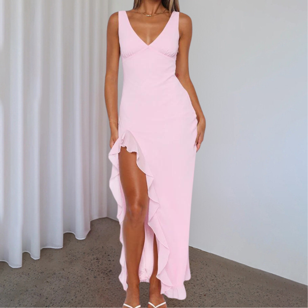 Elisheva - Elegant V-Neck Maxi Dress, Asymmetric