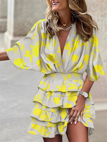 Liora – Floral Dress with V-Neck and Ruffles