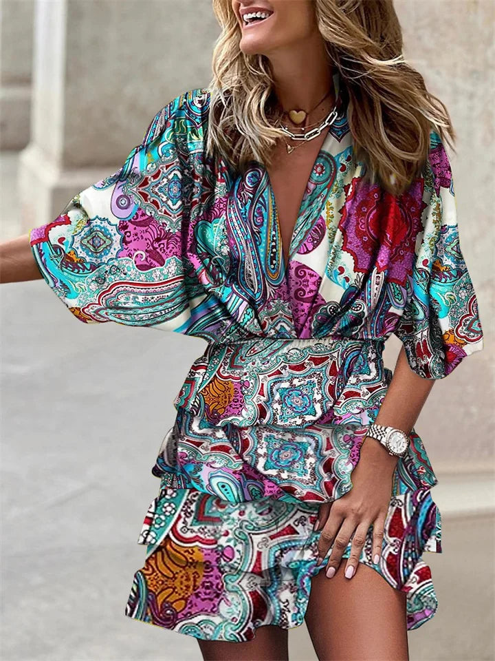 Liora – Floral Dress with V-Neck and Ruffles