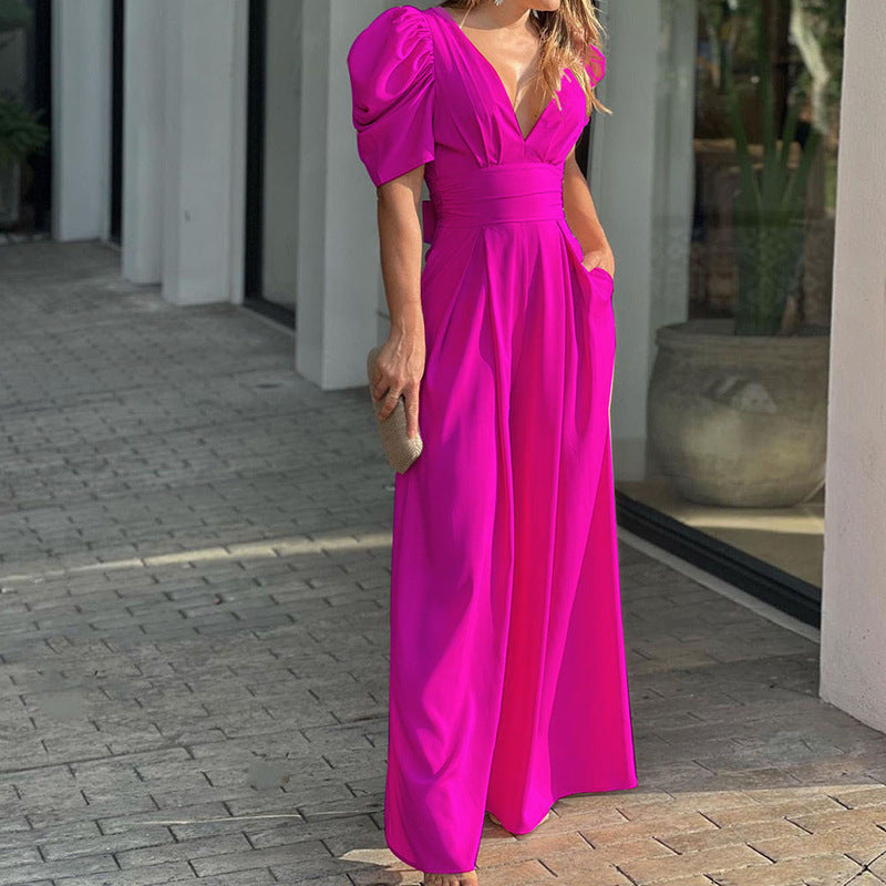 Allieah - Modern Women's Jumpsuit, V-Neck, Wide Leg