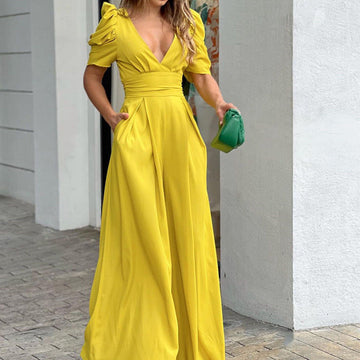 Allieah - Modern Women's Jumpsuit, V-Neck, Wide Leg