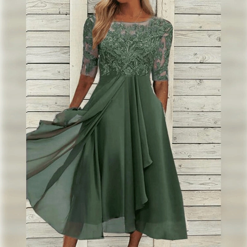 Yara - Elegant Lace Chiffon Midi Dress