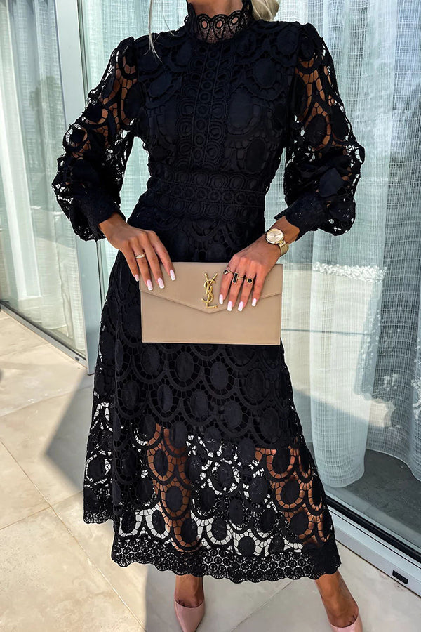 Melody - Elegant Lace Midi Dress High Collar & Puff Sleeves