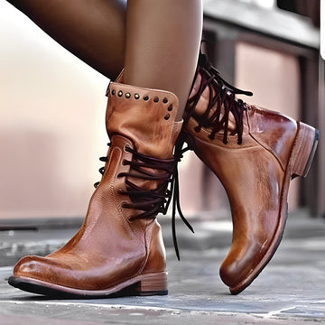 Lenora - Retro Leather Boots with Low Heel for Women
