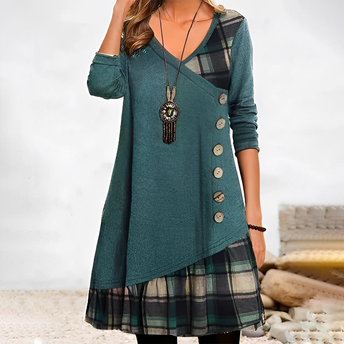 Shawnee - Casual Patchwork Dress with Check Pattern for Women
