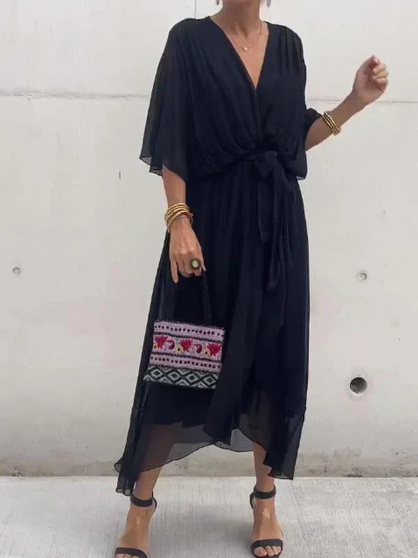 Kryziah - Elegant V-Neck Silk Dress