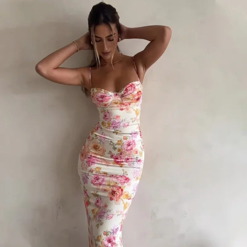 Aizel - Elegant Floral Maxi Dress with Lace Trim