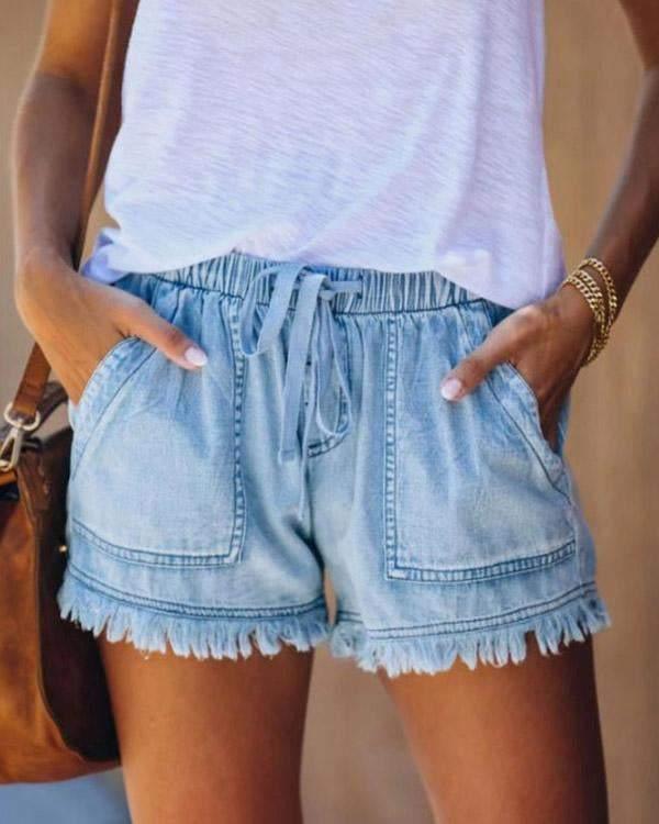 Viviana - Solid Denim Shorts with Drawstring